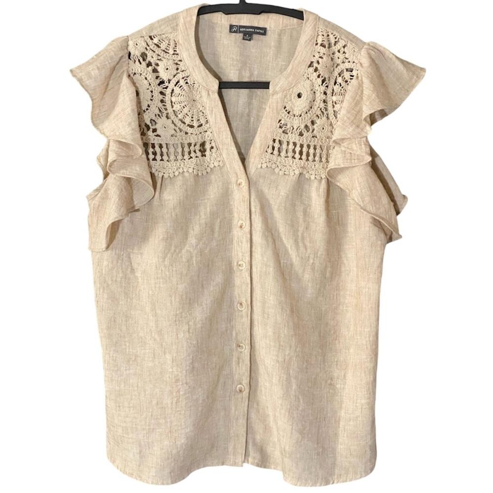 Adrianna Papell Boho Crochet Lace Yoke Top S Flutter Sleeve Cottagecore Ruffle - Picture 2 of 10